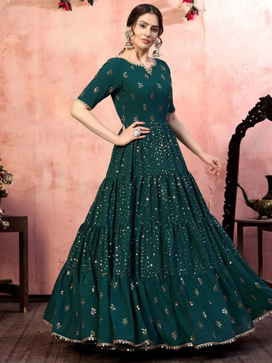 Beautiful Green Georgette Sequins Festival Wear Anarkali Gown